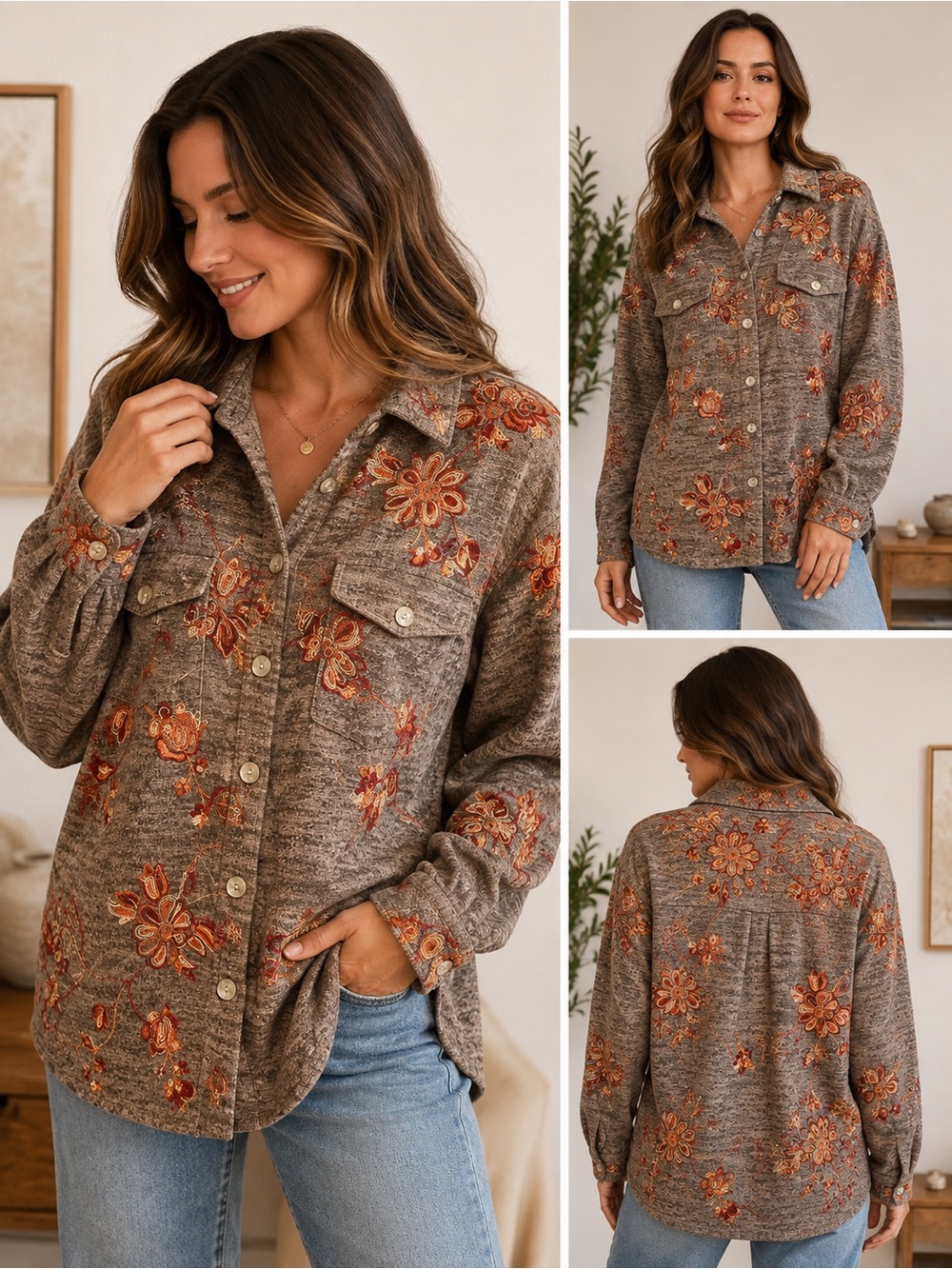 Figueroa & Flower L Embroidered Floral Shacket Boho Artsy Cottagecore